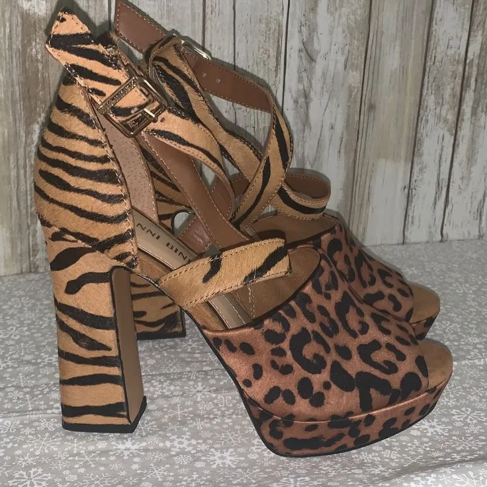 Gianni BINI‎ Calf Hair Leather Animal Print Strappy Heel Platform Sandals Size 6